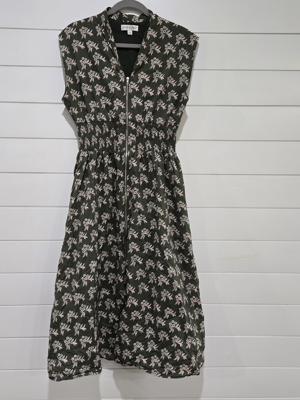 She And Sky Olive Floral Smocked Waist Midi Dress Full Zip Front